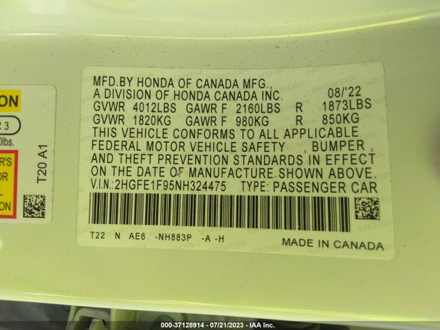 2022 HONDA CIVIC SEDAN TOURING VIN: 2HGFE1F95NH324475