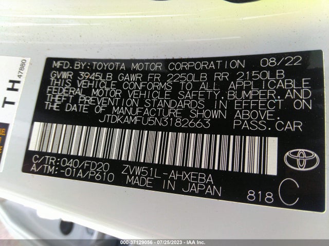 2022 TOYOTA PRIUS L VIN: JTDKAMFU5N3182663