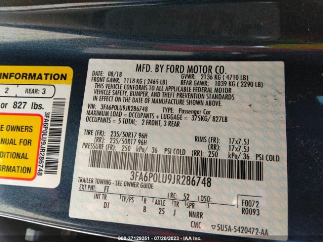 3FA6P0LU9JR286748 Ford Fusion Hybrid Se