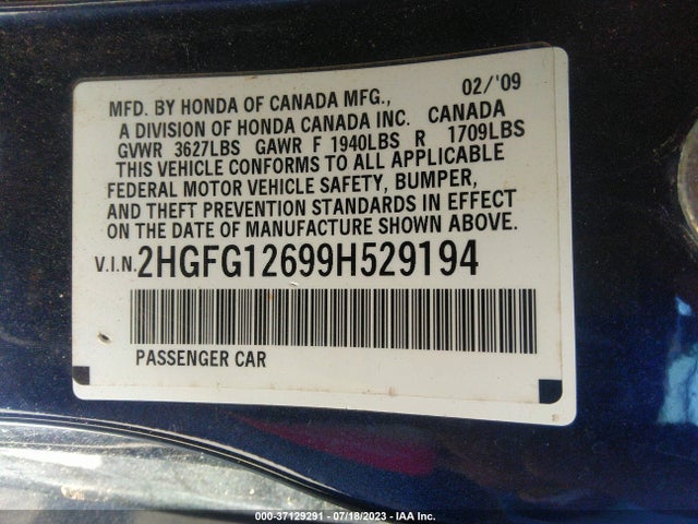 2009 HONDA CIVIC CPE LX VIN: 2HGFG12699H529194