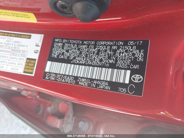 Продажа на аукционе авто 2017 Toyota Prius Two/two Eco/three, vin: JTDKARFU9H3539716, номер лота: 37129355