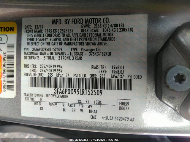 Ford Fusion Titanium 2020 3FA6P0D95LR152509 Image 9