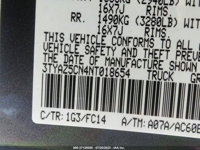 2022 TOYOTA TACOMA 2WD SR5 VIN: 3TYAZ5CN4NT018654