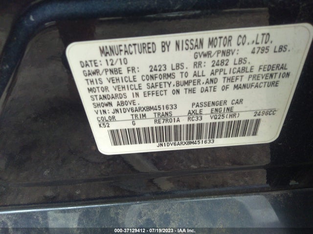 2011 INFINITI G25 SEDAN X VIN: JN1DV6ARXBM451633