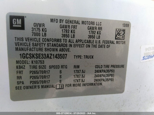 2010 CHEVROLET SILVERADO 1500 LT VIN: 1GCSKSE33AZ143507