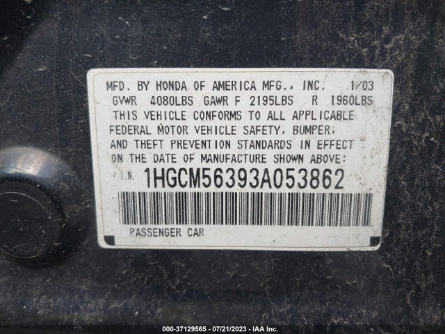 2003 HONDA ACCORD SDN LX VIN: 1HGCM56393A053862