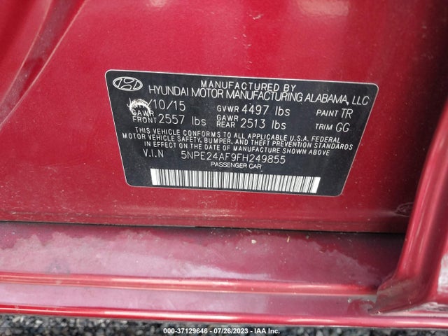 2015 HYUNDAI SONATA 2.4L SE VIN: 5NPE24AF9FH249855