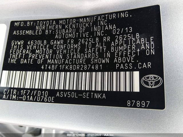 2013 TOYOTA CAMRY L/LE/SE/XLE VIN: 4T4BF1FK8DR287481