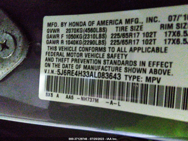 2010 HONDA CR-V LX VIN: 5J6RE4H33AL083643