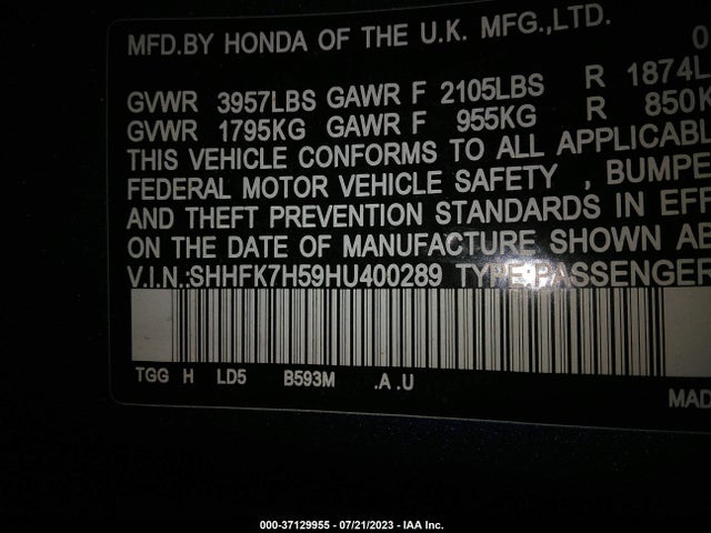 Honda Civic Hatchback Ex 2017 SHHFK7H59HU400289 Image 9