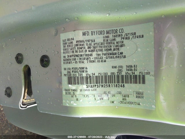 2005 FORD FOCUS S/SE/SES VIN: 3FAFP37N25R118248