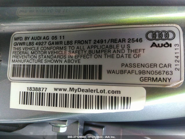 2011 AUDI A4 2.0T PREMIUM VIN: WAUBFAFL9BN056763