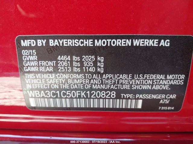2015 BMW 3 SERIES 328I VIN: WBA3C1C50FK120828