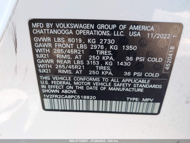 1V2FR2CA8PC518820 Volkswagen Atlas 3.6l V6 Sel Premium R-line