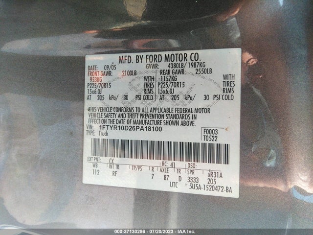 2006 FORD RANGER XL/XLT VIN: 1FTYR10D26PA18100