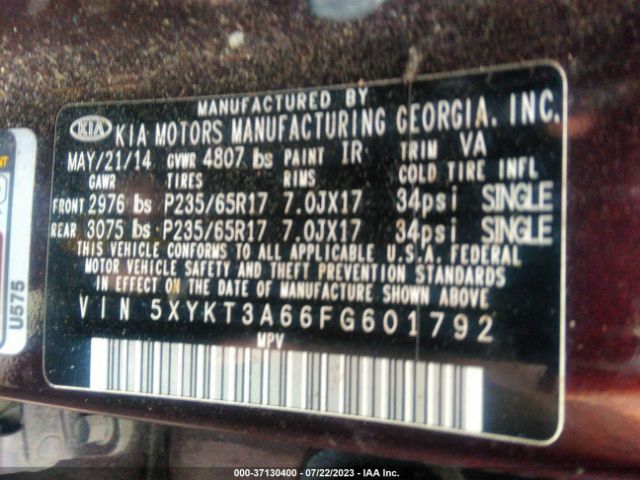 5XYKT3A66FG601792 KIA SORENTO LX