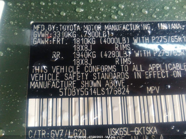 2020 Toyota Sequoia, VIN: 5TDBY5G14LS176824