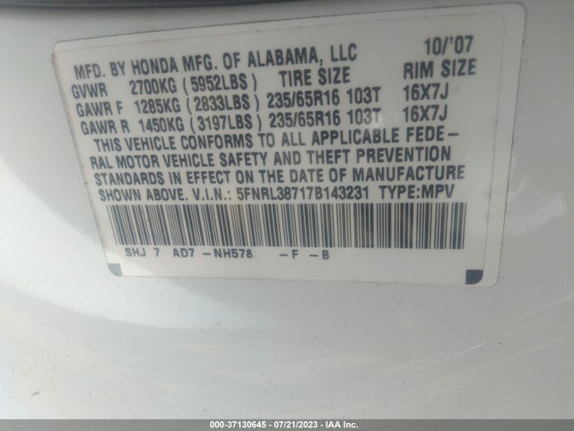 2007 HONDA ODYSSEY EX-L VIN: 5FNRL38717B143231