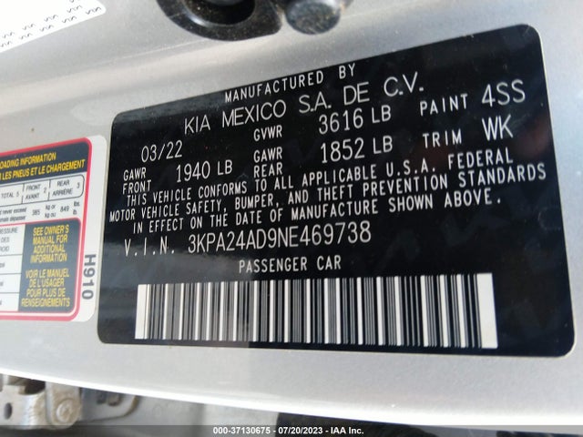 2022 KIA RIO LX VIN: 3KPA24AD9NE469738
