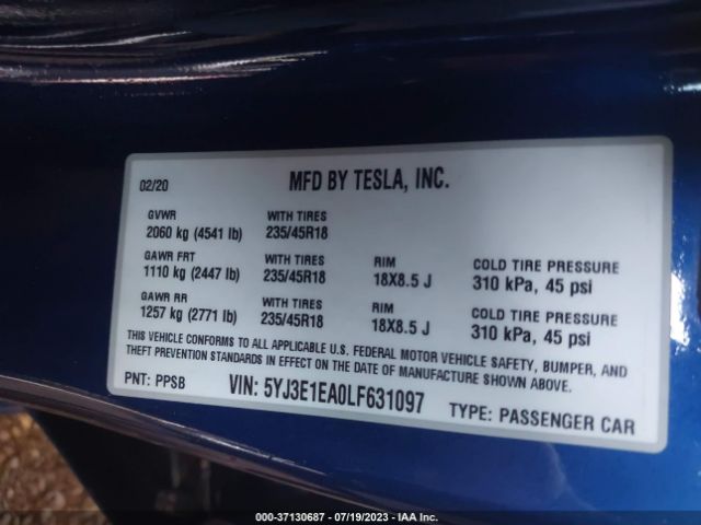 5YJ3E1EA0LF631097 Tesla Model 3 Standard Range