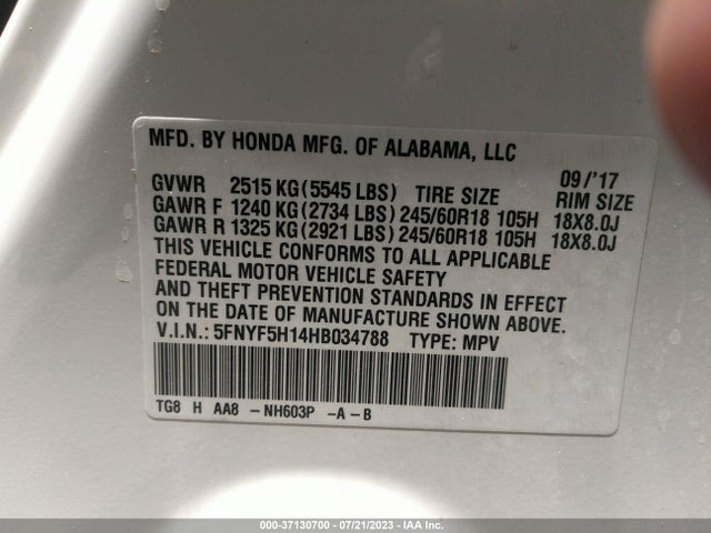 Honda PILOT LX 2017 5FNYF5H14HB034788 Image 9