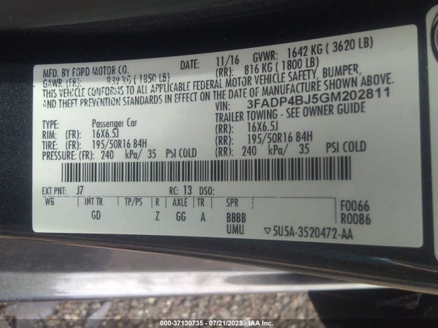 2016 FORD FIESTA SE VIN: 3FADP4BJ5GM202811