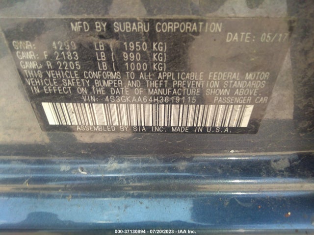 Aukcja sprzedaży 2017 Subaru Impreza, vin: 4S3GKAA64H3619115, numer aukcji: 37130894