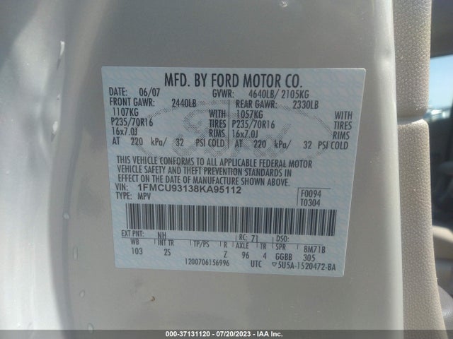 2008 FORD ESCAPE XLT VIN: 1FMCU93138KA95112