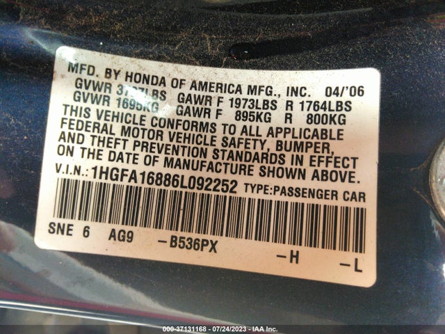 2006 HONDA CIVIC SDN EX VIN: 1HGFA16886L092252