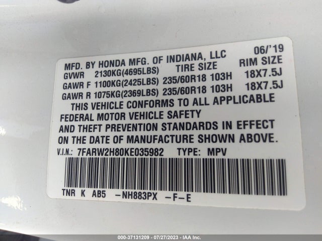 Honda Cr-v Ex-l 2019 7FARW2H80KE035982 Image 9