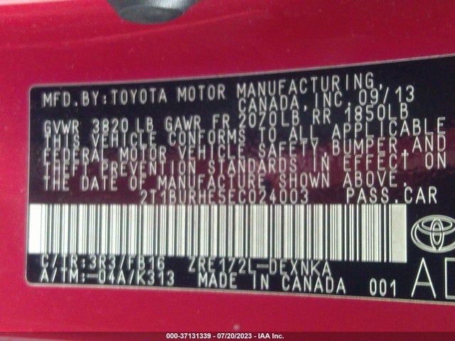 2014 TOYOTA COROLLA LE VIN: 2T1BURHE5EC024003