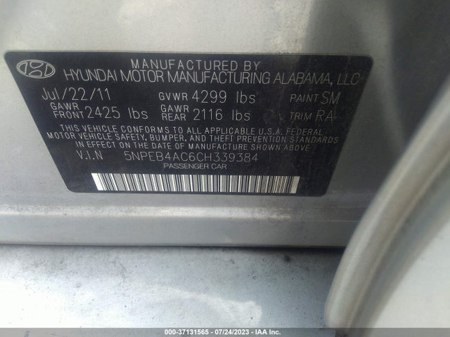 Aukcja sprzedaży 2012 Hyundai Sonata Gls, vin: 5NPEB4AC6CH339384, numer aukcji: 37131565