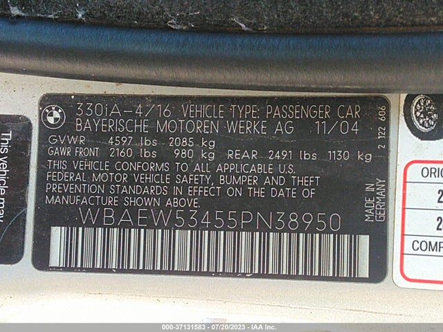 2005 BMW 3 SERIES 330XI VIN: WBAEW53455PN38950