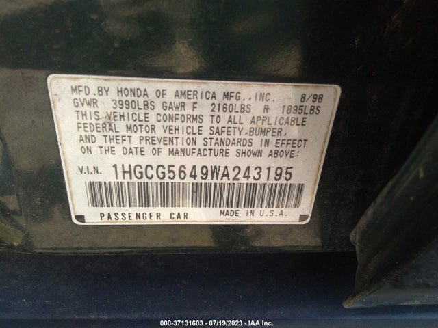 1998 HONDA ACCORD SDN LX VIN: 1HGCG5649WA243195