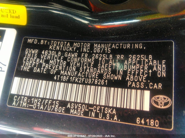 2015 TOYOTA CAMRY XLE/SE/LE/XSE VIN: 4T1BF1FK2FU978261