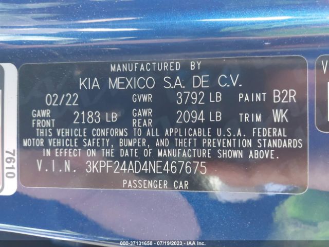 3KPF24AD4NE467675 KIA Forte Lxs