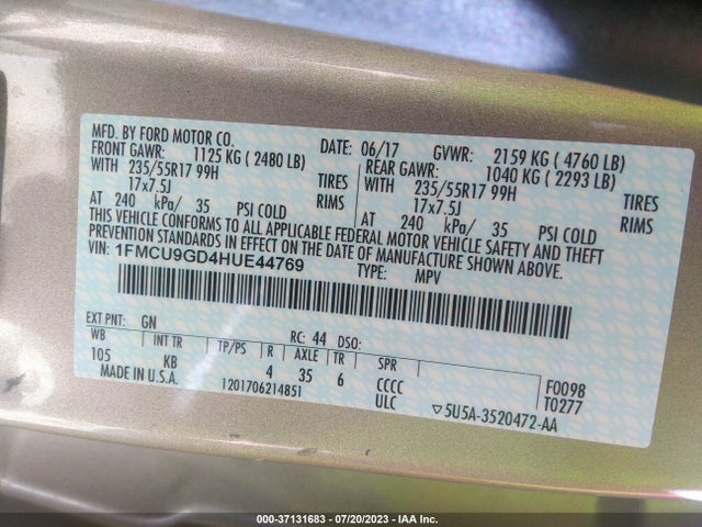 Ford ESCAPE SE 2017 1FMCU9GD4HUE44769 Image 16