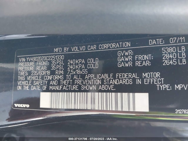 2012 VOLVO XC60 3.0L VIN: YV4902DZ0C2251330