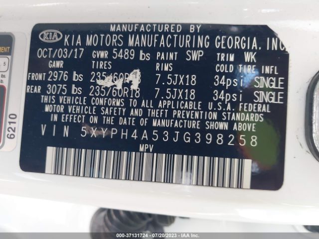 5XYPH4A53JG398258 KIA Sorento Ex V6