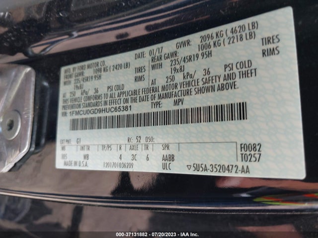 1FMCU0GD9HUC65381 Ford ESCAPE SE