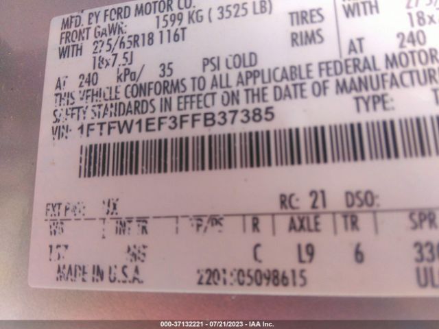 1FTFW1EF3FFB37385 Ford F-150 Xlt W