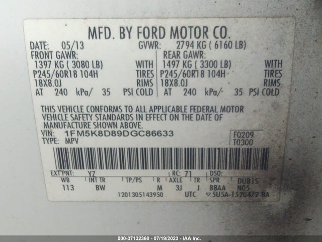 2013 FORD EXPLORER XLT VIN: 1FM5K8D89DGC86633