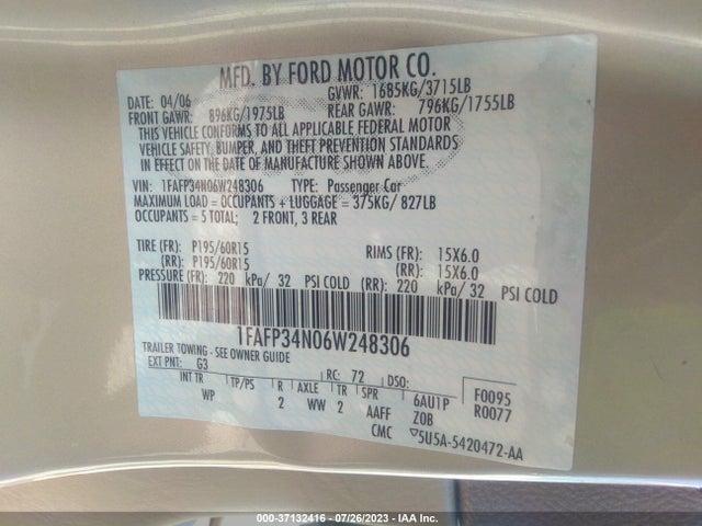 2006 FORD FOCUS S/SE/SES VIN: 1FAFP34N06W248306