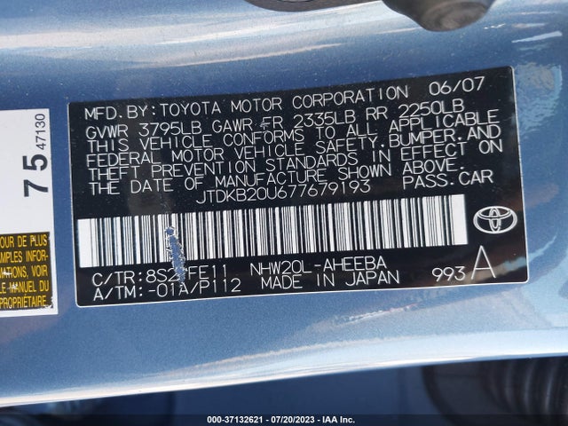 2007 TOYOTA PRIUS VIN: JTDKB20U677679193