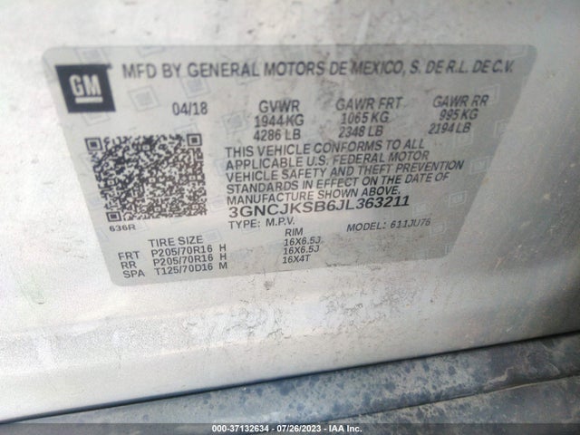 Chevrolet TRAX LS 2018 3GNCJKSB6JL363211 Image 9