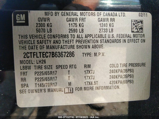 2011 GMC TERRAIN SLE-2 VIN: 2CTFLTEC7B6367286