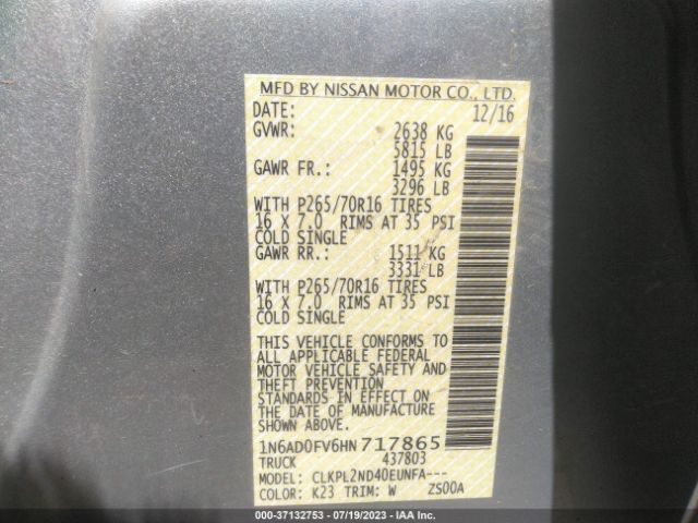 1N6AD0FV6HN717865 Nissan Frontier Sv V6
