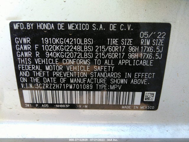 2023 HONDA HR-V EX-L VIN: 3CZRZ2H71PM701089