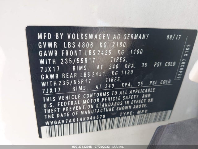 WVGAV7AX1HK049570 Volkswagen Tiguan 2.0t/2.0t S