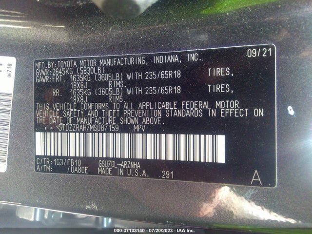 Toyota Highlander L/le 2021 5TDZZRAH7MS087159 Image 9